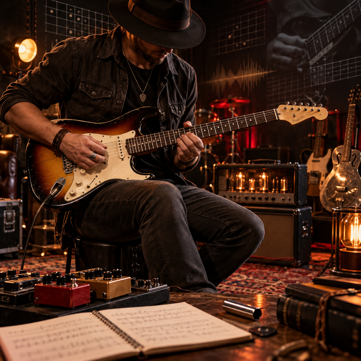 Guitarrista cercado por recursos de técnica, timbre e aplicação musical